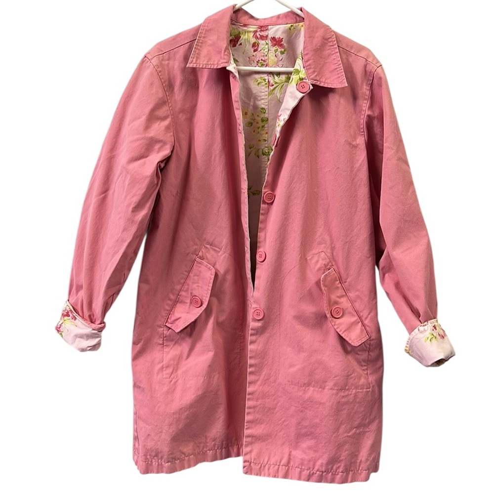Vintage Pink Floral Reversible Button Flap Pockets Collared Jacket Coat Size XL - Picture 10 of 16